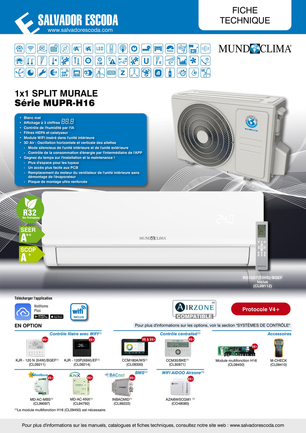 MONO SPLIT MUNDO CLIMA MUPR H16 WIFI INCLUS